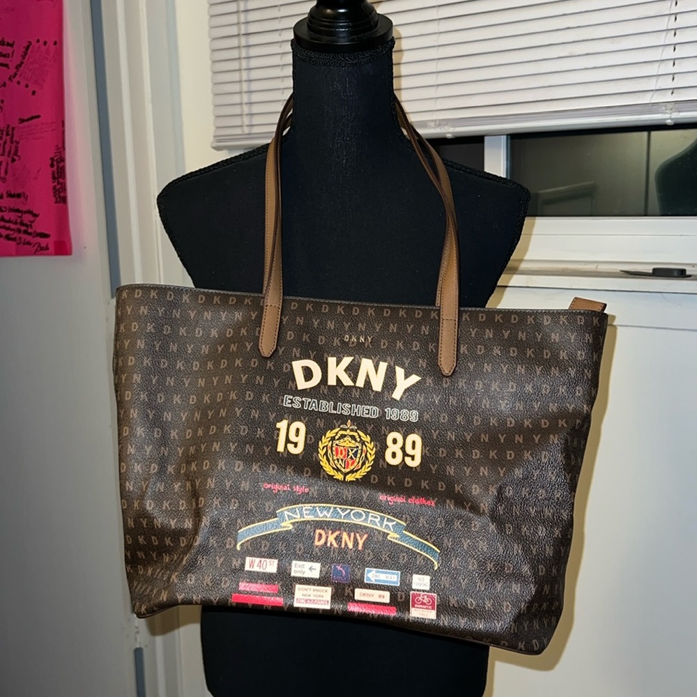 Brown DKNY large zip top tote bag